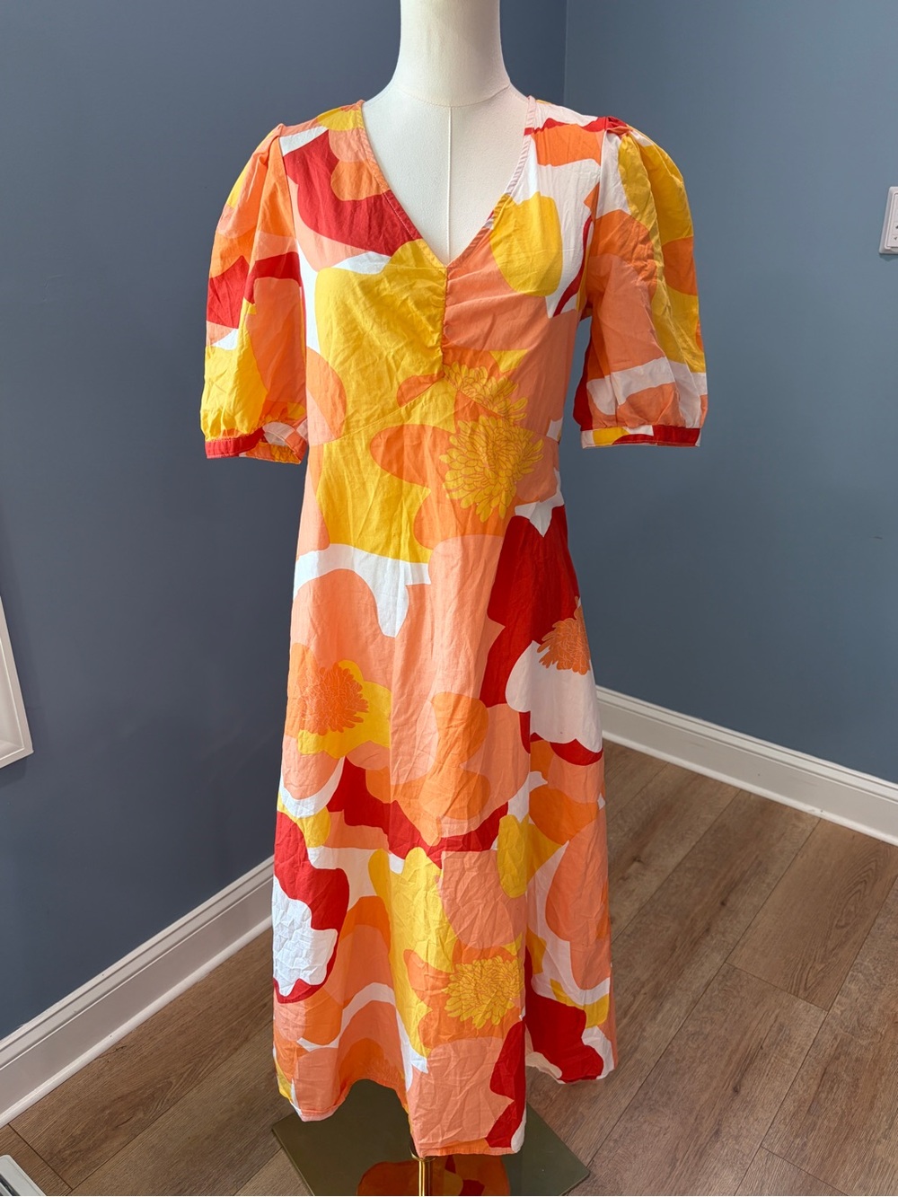 OBJECT Floral Cotton Puff Sleeve Maxi Dress Orange Yellow Red Size 38 / Small